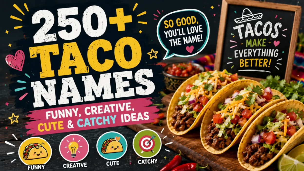 250+ taco names with funny, creative, cute, and catchy ideas featuring colorful tacos and toppings