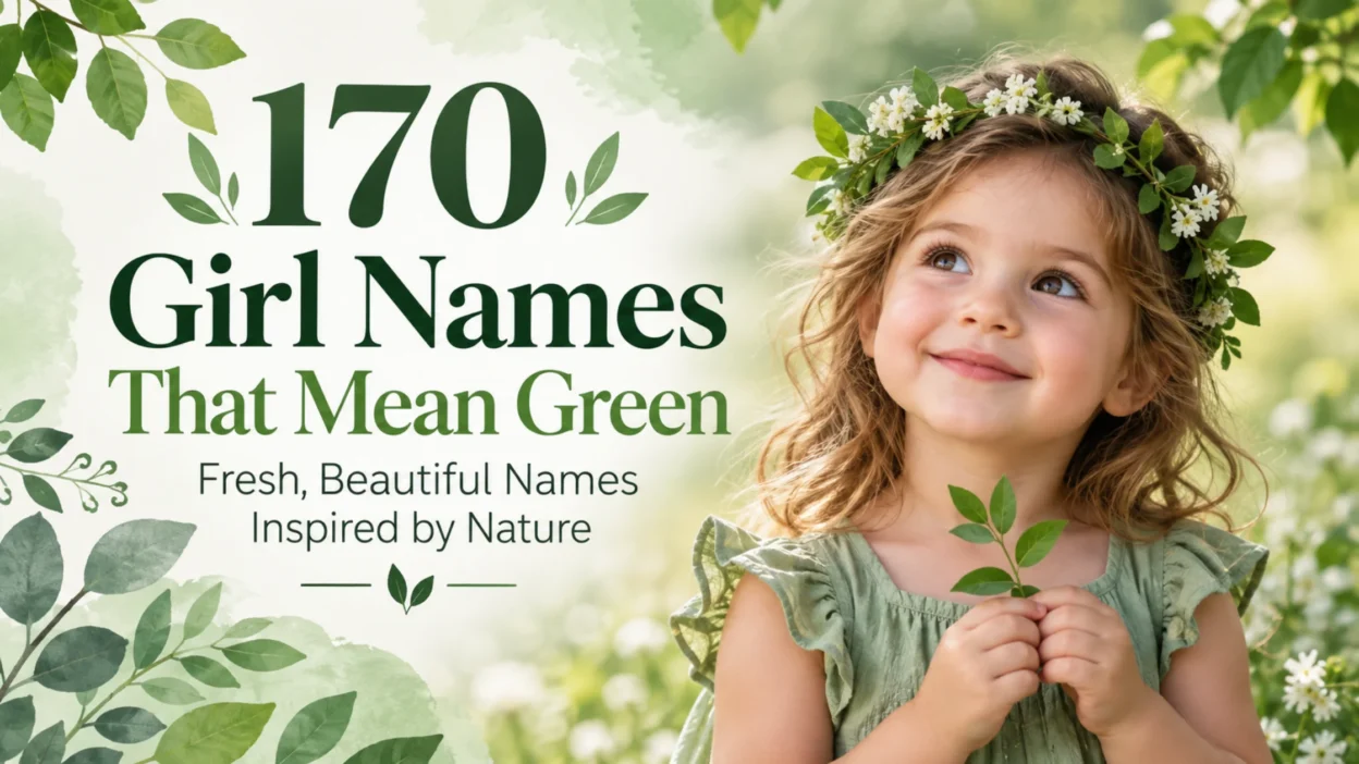 170 girl names that mean green with a smiling girl surrounded by lush leaves and white flowers