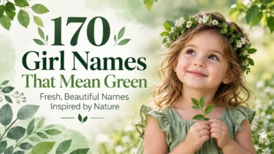 170 girl names that mean green with a smiling girl surrounded by lush leaves and white flowers