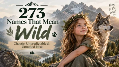 273 names that mean wild with a girl and wolf in a scenic mountain wilderness