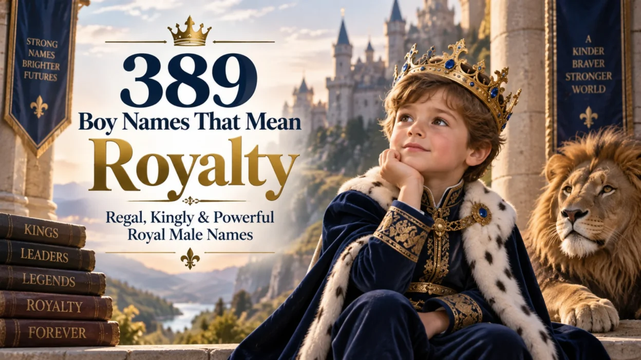389 boy names that mean royalty with a crowned boy, majestic lion, and castle