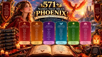 Phoenix rising from flames with 571+ powerful names for rebirth, fire, magic, and fantasy characters.